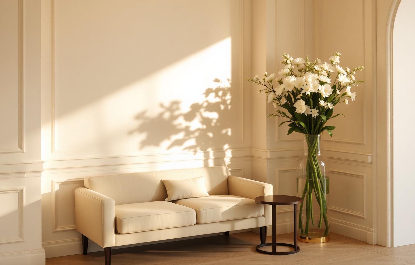 Recibidor de hotel boutique con sofá de lino y flores blancas